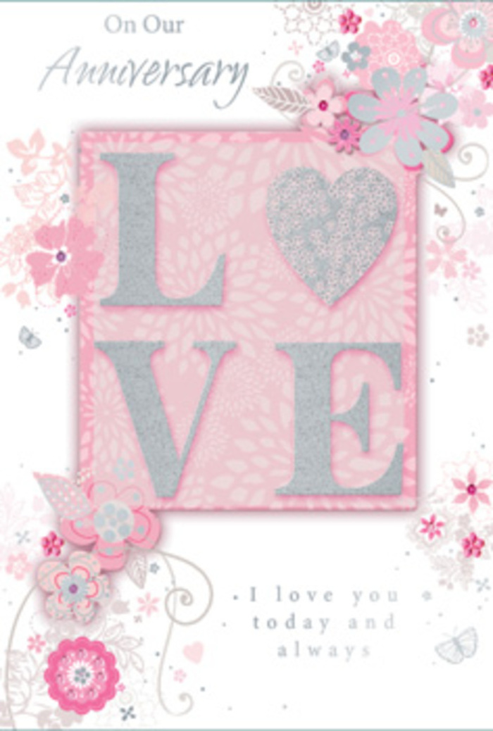 This anniversary card carries the same quiet grace you might feel stepping out of a Covent Garden side street into a sunlit courtyard, where time seems to slow for couples celebrating another year together. The design focuses on a large, central LOVE, crafted in raised lettering that has been kissed with fine, frosted glitter. Under soft light, the letters catch and scatter tiny silver sparks, creating a subtle, moving shimmer reminiscent of candlelight on a dinner table in one of the nearby hidden restaurants. The word rests on a blush-pink backdrop, smooth yet gently glowing, like the inside of a pale rose petal. Around it, wisps of hand-drawn blooms and leafy sprays drift towards the card's borders in tones of blush, ivory, and powder pink, with delicate hints of lilac and pale grey. Their fine lines feel like the early pencil sketches a florist might make when planning an anniversary arrangement for a local couple, perhaps after a visit to the flower stalls near the old market halls. Between the blossoms, slender filigree lines and tiny flourishes of foliage create a sense of movement and lightness, while a few almost-hidden butterfly shapes suggest the soft flutter of emotion that comes with reading the card. In graceful, understated script, the words I love you today and always rest beneath or alongside the floral detail like a whispered promise. The composition feels balanced and airy yet full of heart, much like a hand-tied bouquet delivered to a townhouse near the Strand. It holds a gentle, enduring warmth, perfectly suited to honouring love that has deepened over the years.